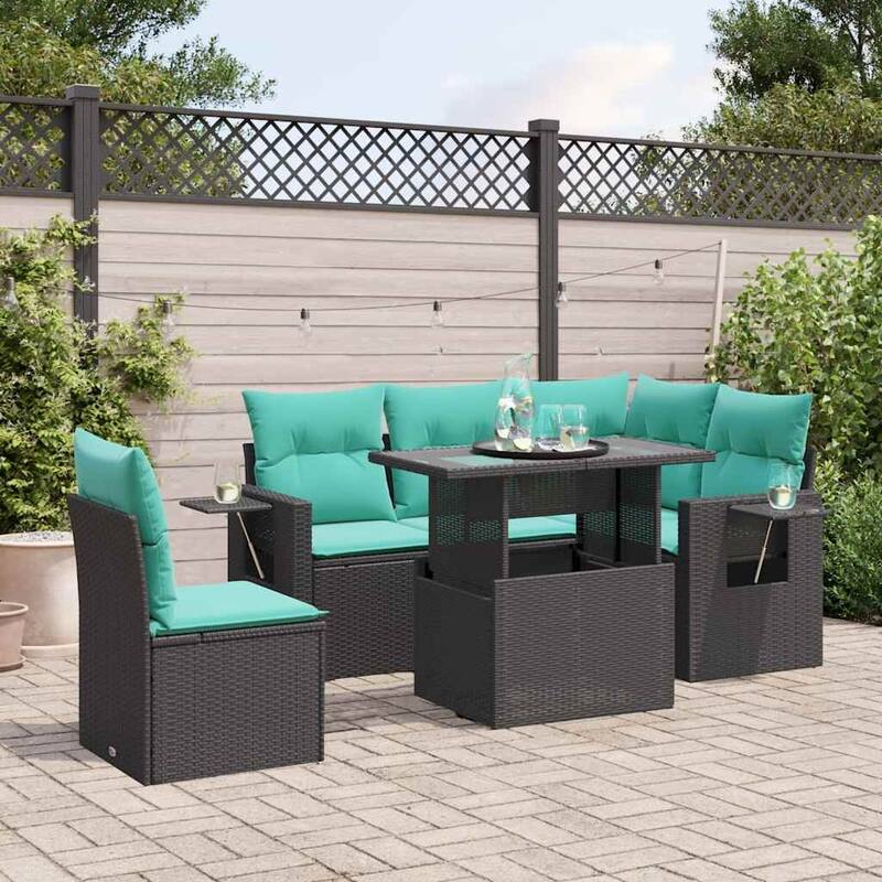 vidaXL Patio Sofa Set with Cushions Table and Couches 6 Piece Poly Rattan - 24.4 x 24.4 x 27.2 - Black