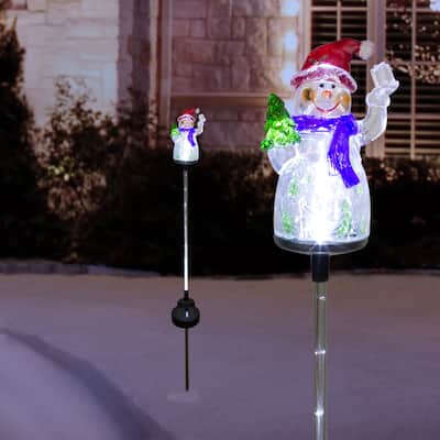 Alpine Corporation 34"H Outdoor Solar Christmas Snowman Fiber Optic Lawn Stakes with LED Lights (Set of 2) - Multi