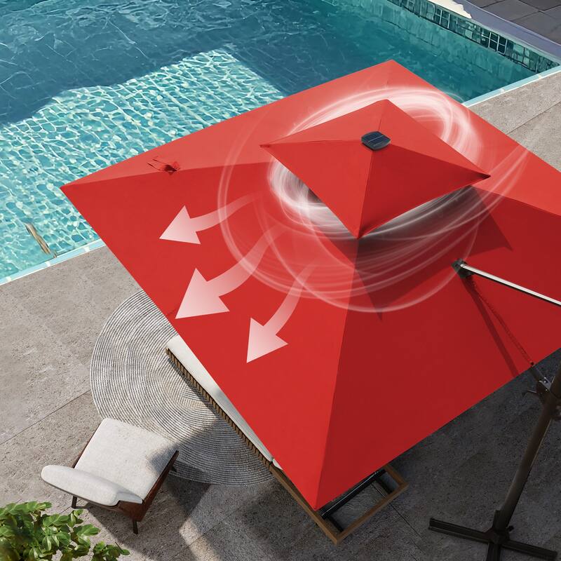 VredHom 11X11 FT Outdoor Square Cantilever Patio Umbrella Aluminum Solar LED Light with HDPE Base