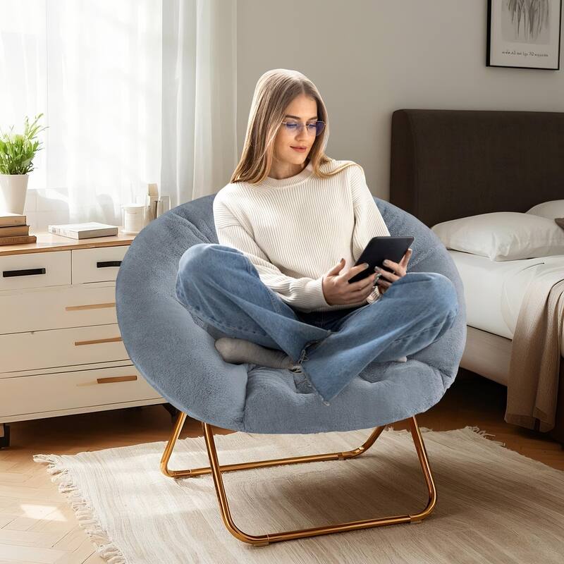 Cozy X-Large Faux Fur Saucer Chairs Folding Soft Thick Padded Seat Metal Frame for Bedroom Home Adults