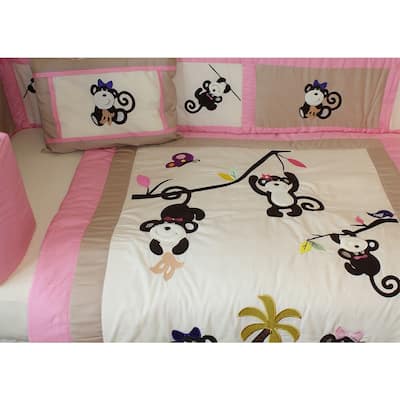 BabyFad Girls' Pink Monkey 9 piece Baby Girls' Crib Bedding Set