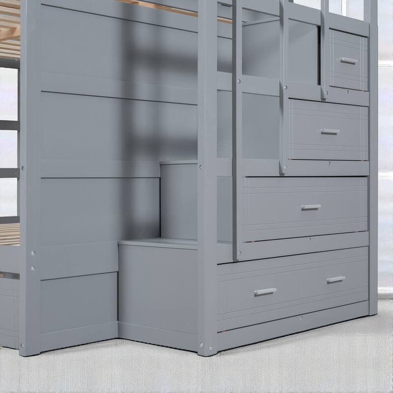 Twin Over Twin Bunk Bed with Trundle and Storage Drawers, Staircase Bunk Frame for Kids and Teens