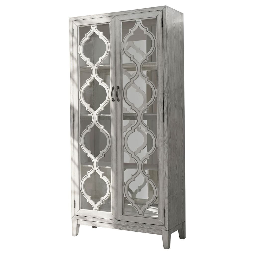 Two-Door Wood Trellis Tall Cabinet Distressed White - Vintage Display Storage with Glass Doors and Shelves