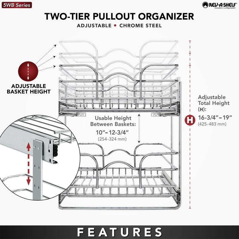 Rev-A-Shelf Pullout 2-Tier Basket Organizer for Kitchen Cabinets, 9 x 22 In, 5WB2-0922CR-1