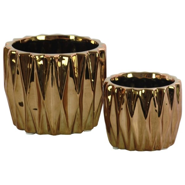 Round Ceramic Vase With 3D Triangle Pattern, Set Of 2, Copper