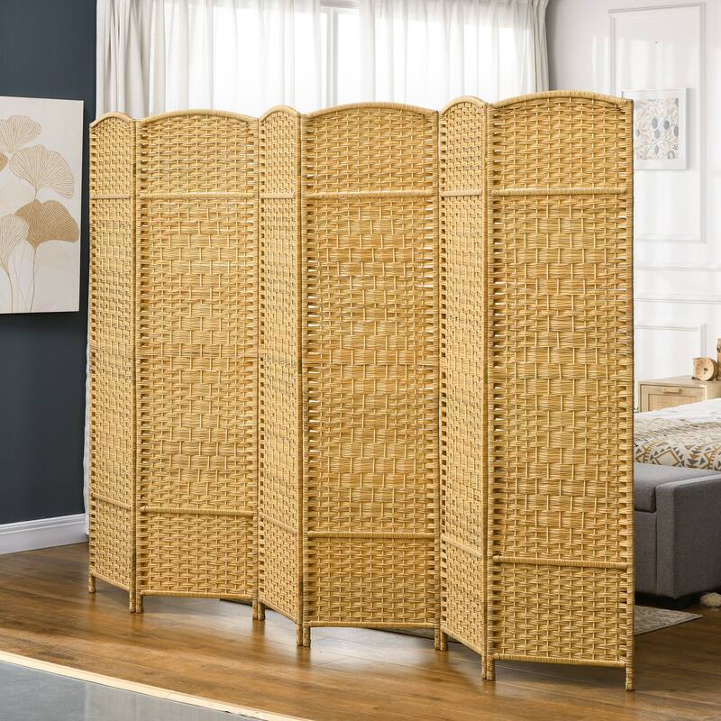 Hand-Woven 6-Panel Freestanding Privacy Screen for Home and Office - Natural Wood