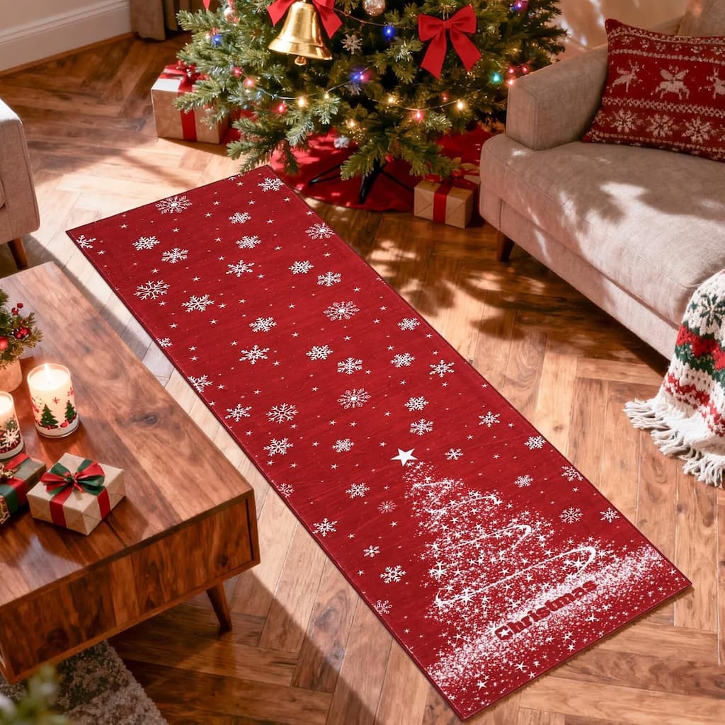 Washable Xmas Red Christmas Tree Area Rug for Home Decor - 1'6" x 2'6"