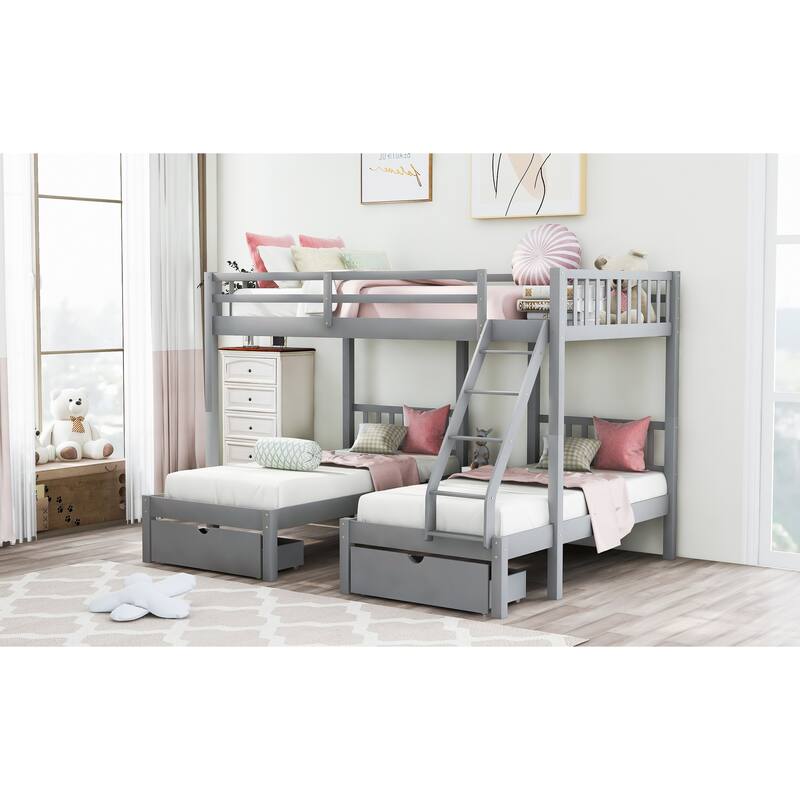 Full Over Twin Wood Triple Bunk Bed with Drawers, Guardrails, and Angled Ladder - Space-Saving Design