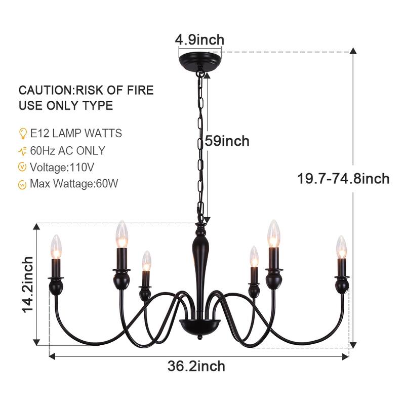 6-Light W36.2" x H74.8" Dimmable Chandelier Light for Kitchen Island Bedroom