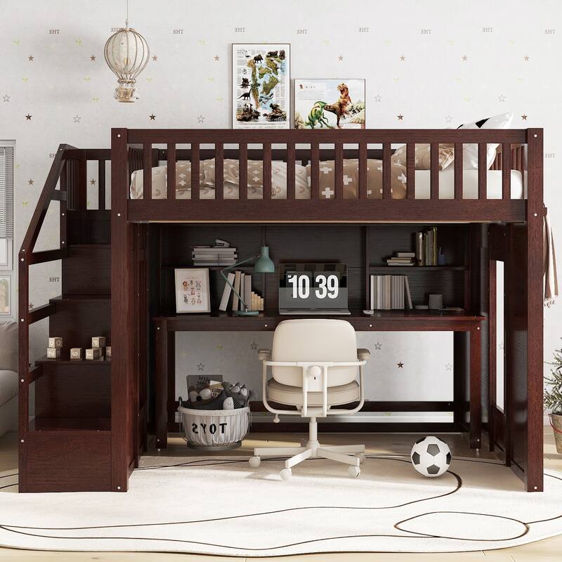 Full Size loft bed with movable desk and storage shelf, featuring storage stairs