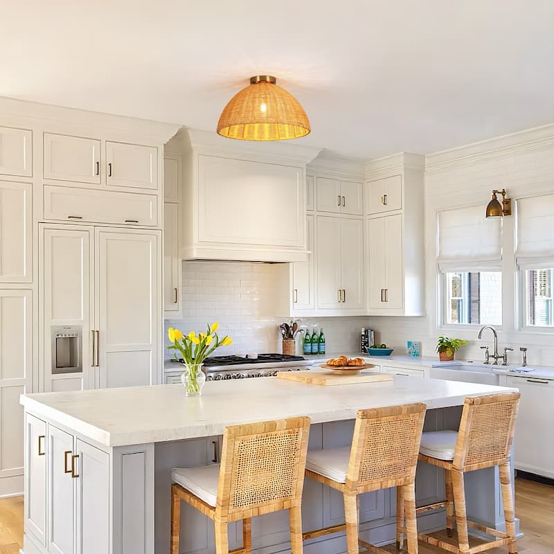 16.5" W Boho Coastal Brown Handwoven Rattan Dome Flush Mount Ceilig Light for Kitchen, Hallways