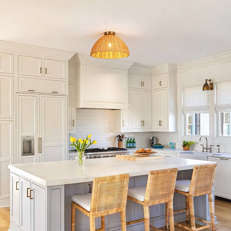 16.5" W Boho Coastal Brown Handwoven Rattan Dome Flush Mount Ceilig Light for Kitchen, Hallways