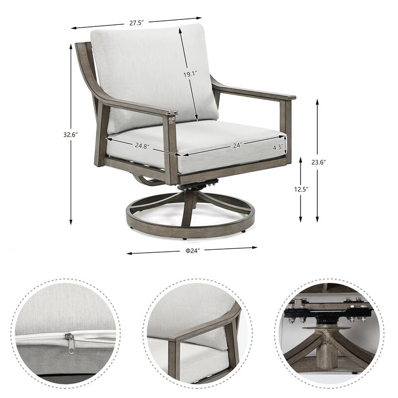 3-Piece Aluminum Patio Conversation Set with Swivel Chairs, End Table and Cushions