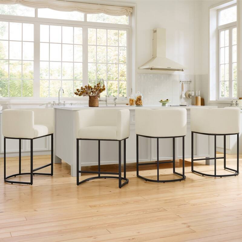 Spruce & Spring Modern Upholstered Barrel Counter Bar Stool with Arm - Set of 4 - Ivory