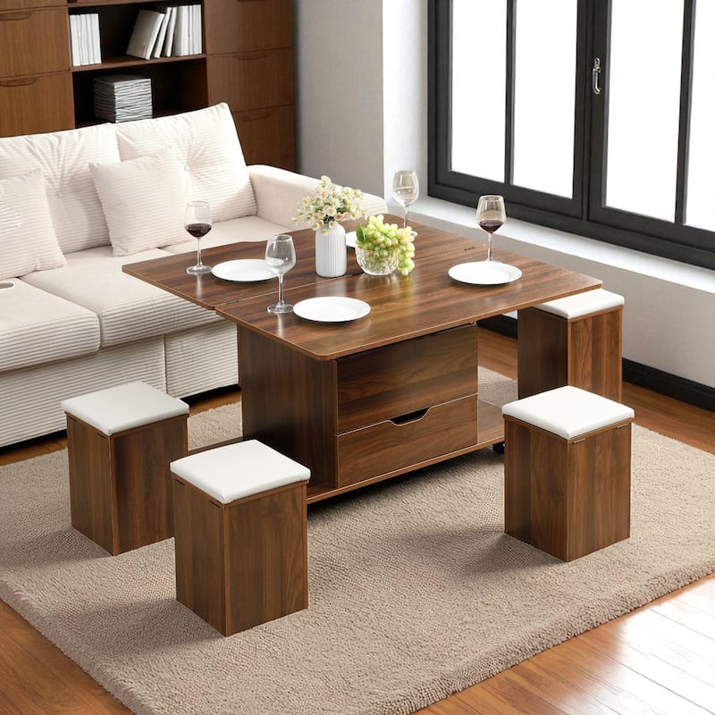 Multi-Functional Lift-Top Coffee Table with Hidden Storage, 4 Stools & Casters, Modern Center Table for Small Spaces