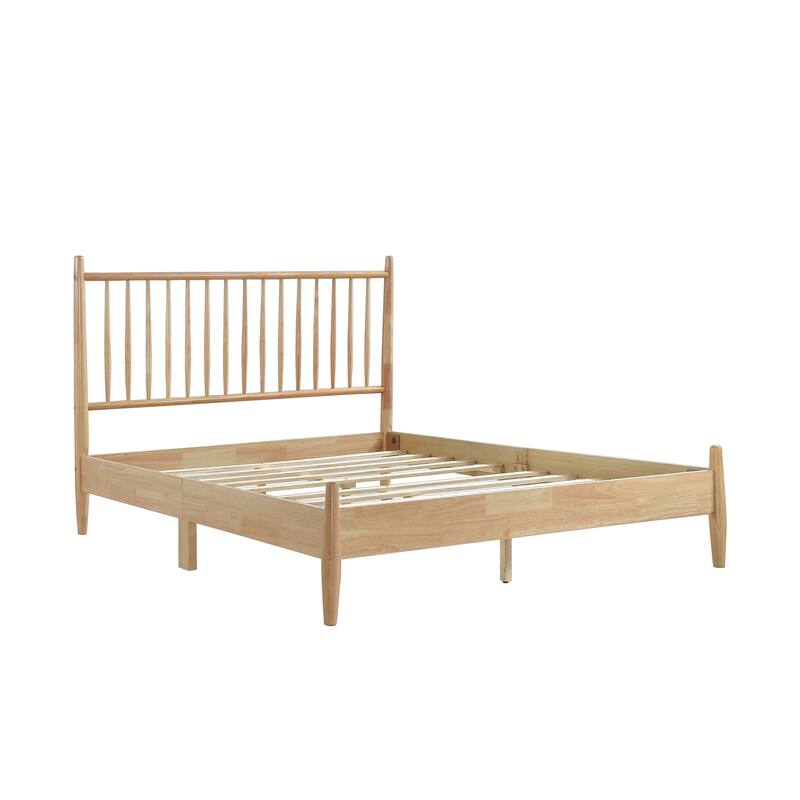 Mid-Century Modern Queen Platform Bed with Vertical Slats Headboard, Natural Finish Wooden Bedroom Furniture