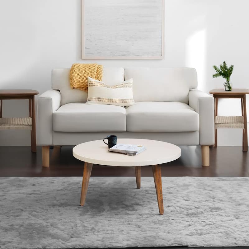 24 Inch Modern Coffee Table, Round Off White MDF Top, Tapered Brown Mango Wood Legs