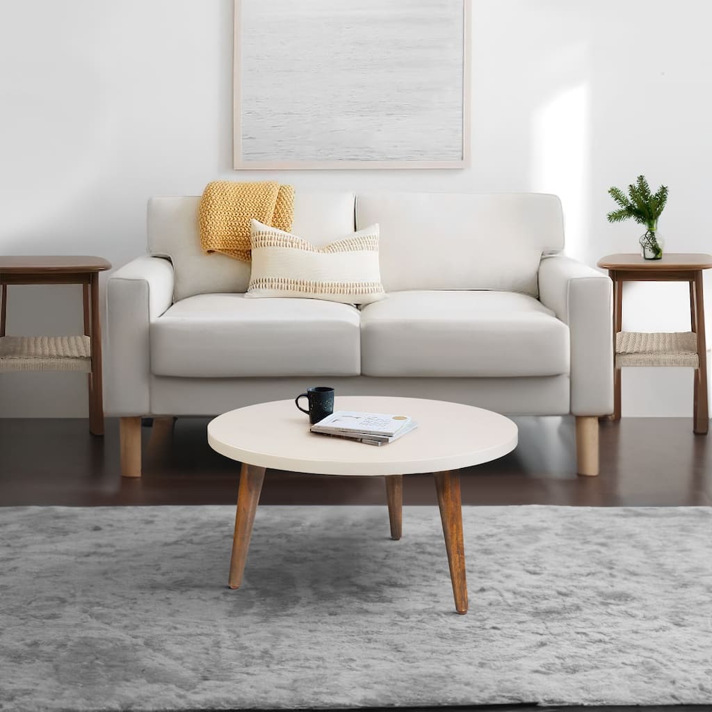 24 Inch Modern Coffee Table, Round Off White MDF Top, Tapered Brown Mango Wood Legs