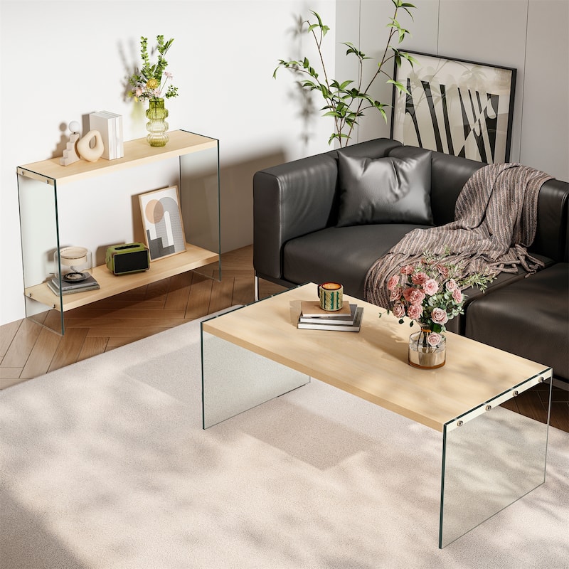 Modern Rectangular Wood-tone Coffee Sofa Side Table with Tempered Glass Legs