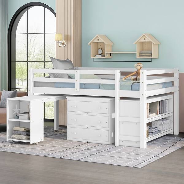 slide 2 of 15, Low Study Full Loft Bed with Rolling Portable Desk, White White