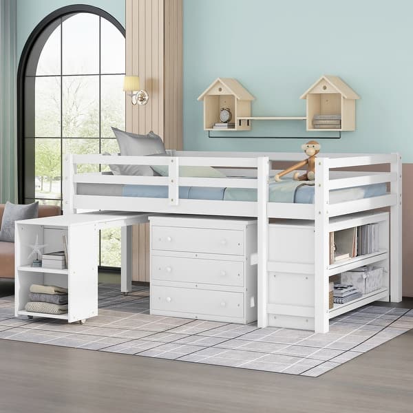 slide 2 of 52, Multiple Functions Low Loft Bed with Cabinet, Shelves and Rolling Portable Desk Full - White