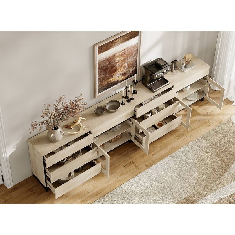 4-in-1 Multifunctional Sideboard Buffet with 8 Drawers & Glass Doors, Modern Credenza with Adjustable Shelf & Metal Base.