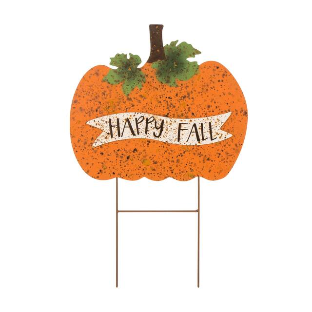 Glitzhome Metal Rusty Yard Stake or Standing Decor or Hanging Decor (3 Functions) - Pumpkin HAPPY FALL