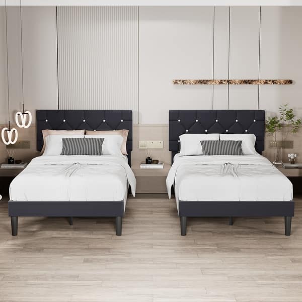 slide 2 of 67, VECELO Upholstered Kids Bed Frame with Diamond Tufted Headoard,Twin Size Bed Set of 2 Black
