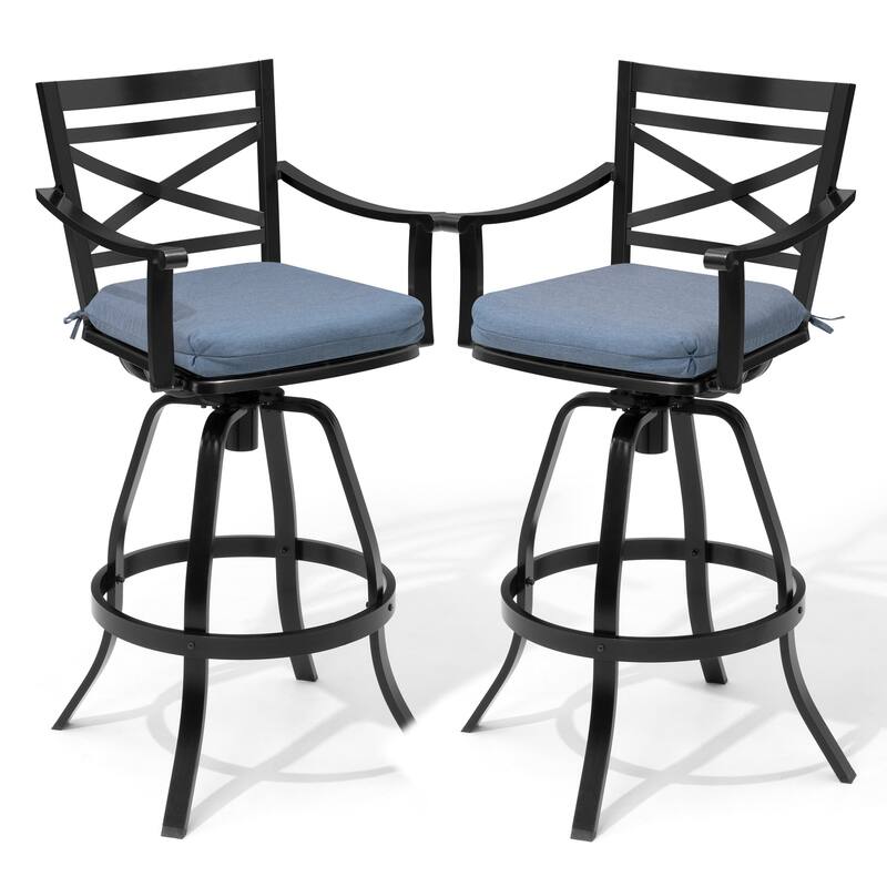 Outdoor Bar Stools Patio Aluminum Swivel Barstools with Sunbrella Cushion - 2-piece set, Spectrum Denim Cushion