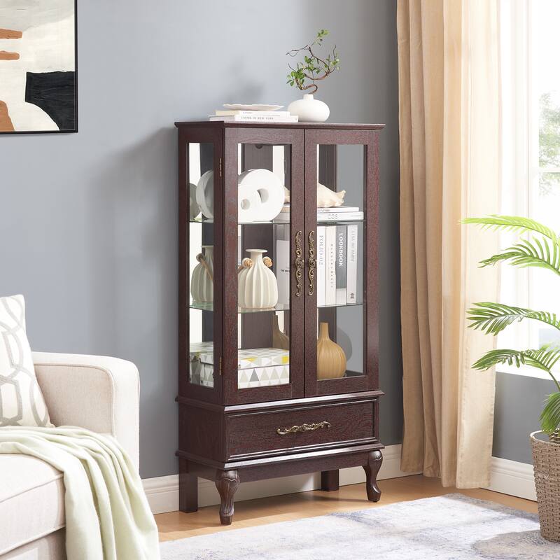 Vintage Display Cabinet with 2 Doors, Adjustable Glass Shelves and 1 Drawer