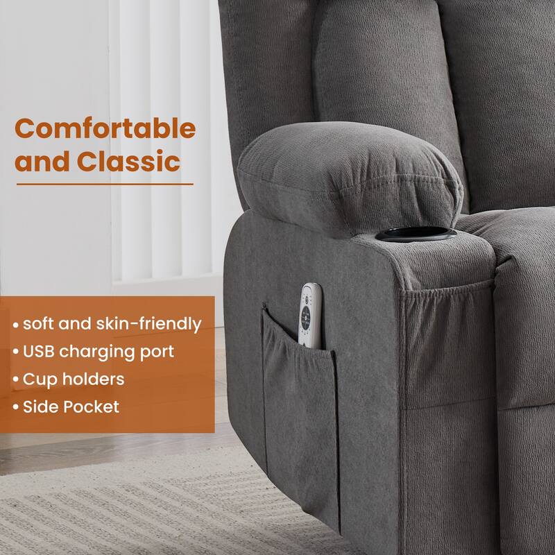 Swivel Rocker Recliner with Vibration Massage Heat USB Port Cup Holders