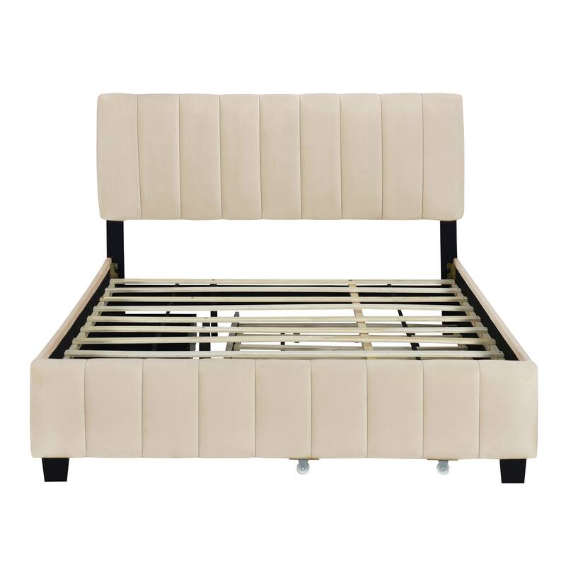 Queen Size Velvet Platform Bed with 1 Twin XL Trundle Upholstered Bed Frame and 2 Drawers Storage Bed No Box Spring Needed