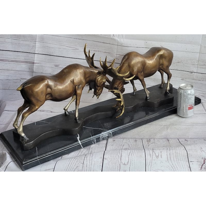 Imitative Bull Moose Duel Dueling Bucks Fight Bronze Statue Sculpture Moigniez Marble Base 11 Inches X 31 Inches