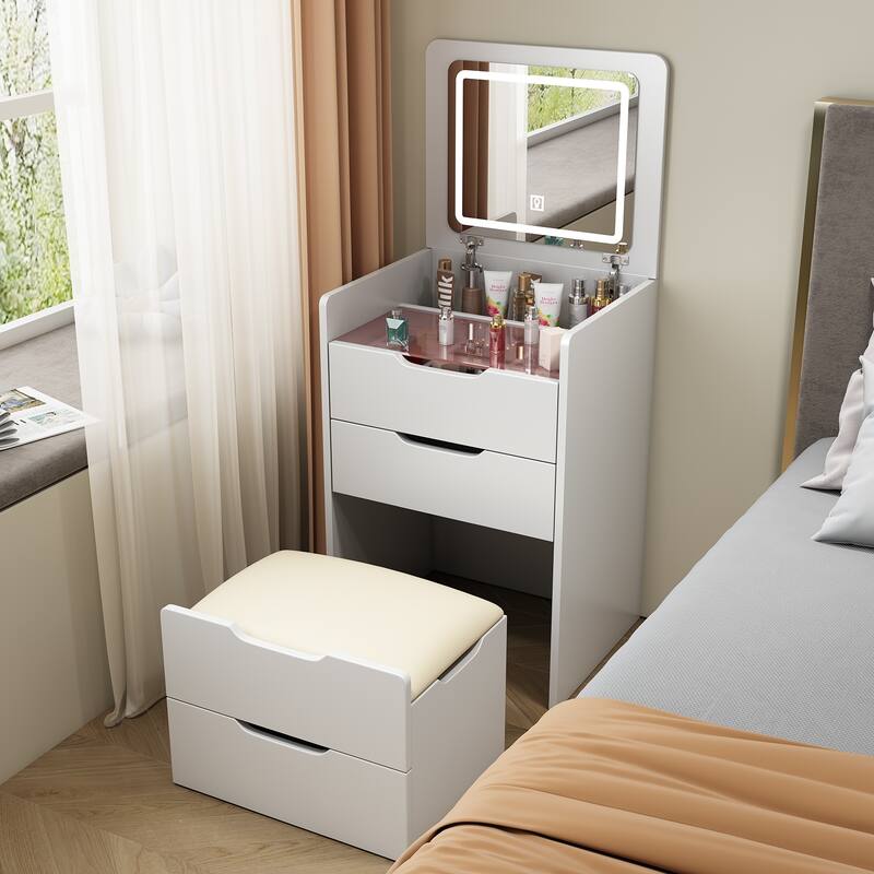 3 in 1 Vanity Desk with Plip Top Mirror,Small Make Up Vanity Set with Visible Glass Desktop,3 Drawers,Cushioned Tool