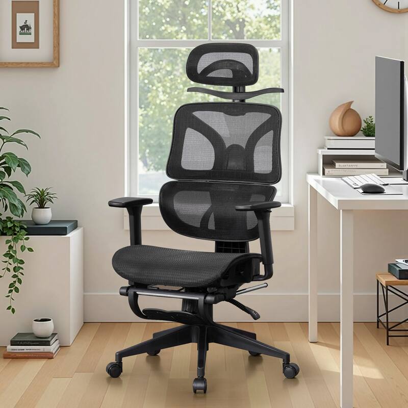 VECELO Swivel Ergonomic High Back Mesh Office Chair with Retractable Footrest Adjustable Backrest Tilt Function - Black