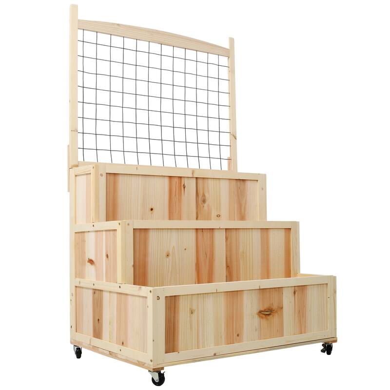 3-Tiers Raised Garden Bed with Trellis, 53" H Vertical Planter Box with Wheels & Back Storage Area
