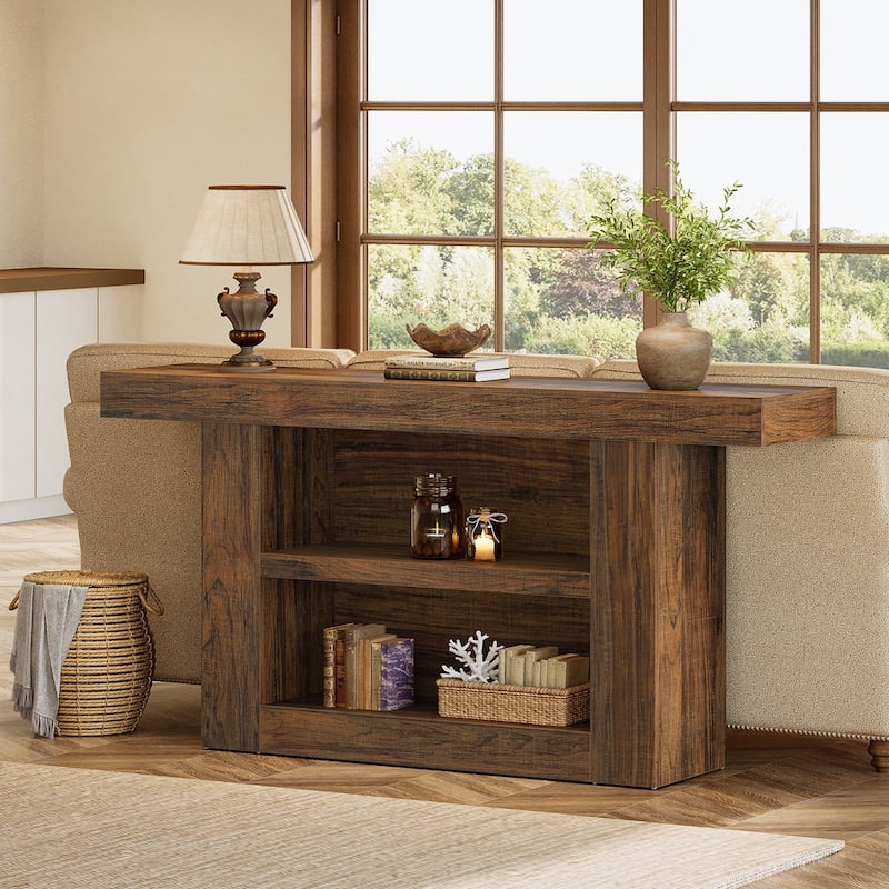 63-Inch Console/Entryway Table with Storage U-Shaped Base, 3-Tier Farmhouse Sofa Table Behind The Couch