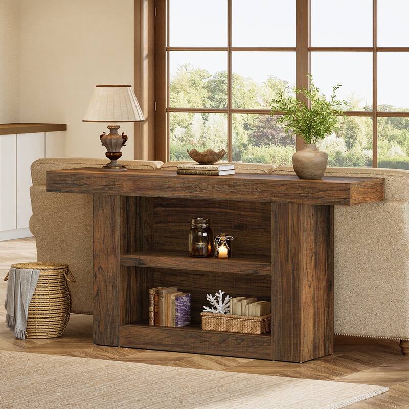 63-Inch Console Table with Storage, 3-Tier Farmhouse Entryway Table with U-Shaped Base
