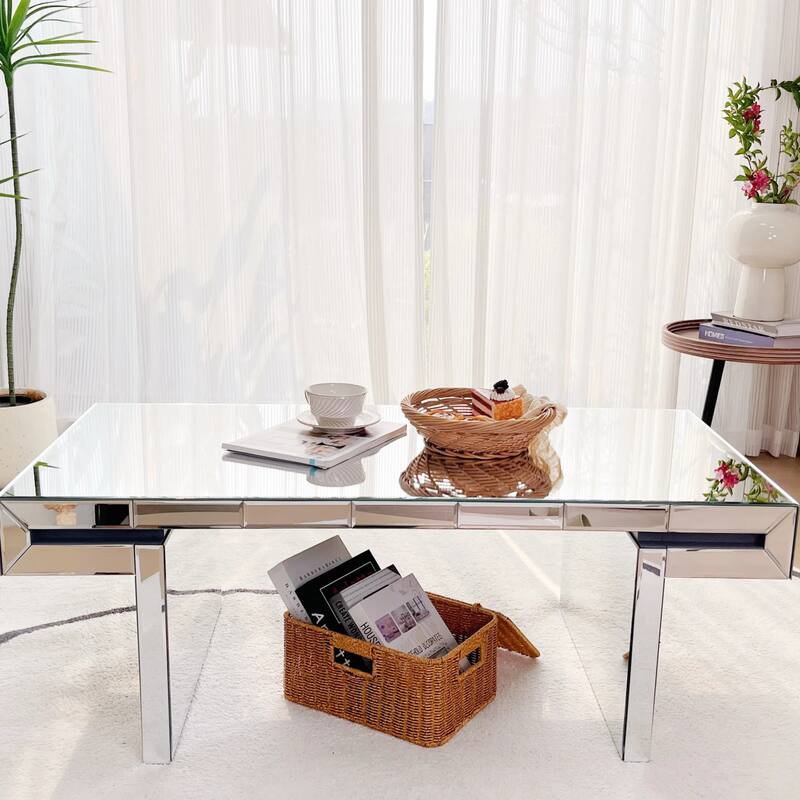 47 inch Luxury Rectangular Mirror Coffee Table Fluted Tempered Glass Modern Sofa Side Table