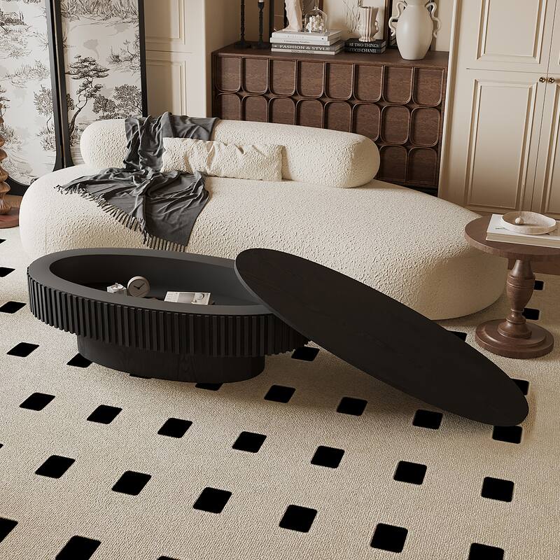 Oval Coffee Table with Storage, Solid Wood Veneered Coffee Table, Modern 47'' Accent Tea Table for Living Room