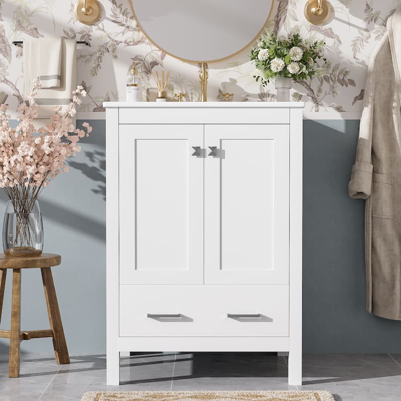 Roomfitters 24" Bathroom Vanity with Undermount Basin, 2 Doors, 1 Drawer, Double-Layer Shelf and Soft-Close Design - White