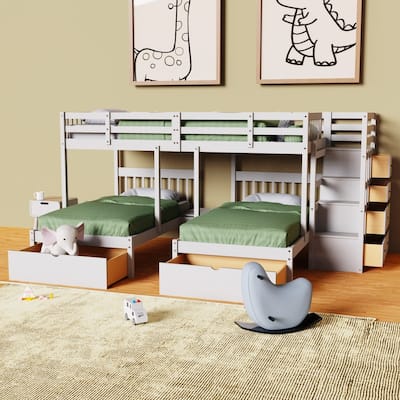 Triple Bunk Bed with Drawers and Staircase,Full Over Twin & Twin Bunk Bed