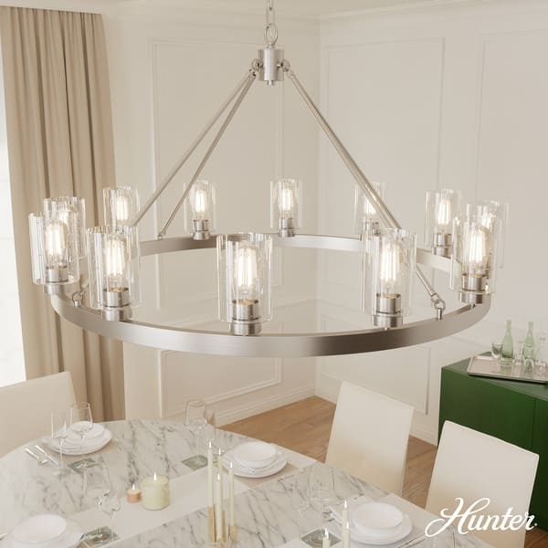 slide 2 of 12, Hunter Hartland Wagon Wheel Chandelier - Dining Room, Kitchen, Entry - Modern Farmhouse, Industrial 44" 12-Light - Brushed Nickel