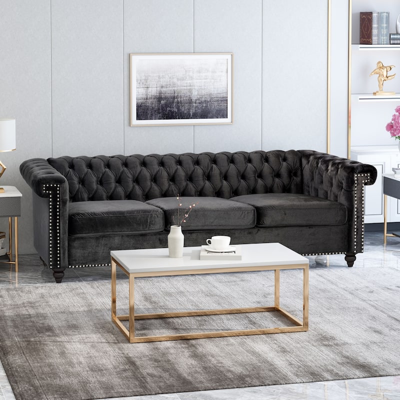 Classic Chesterfield Velvet Sofa - 3-Seater with Nailhead Trim for Living Room