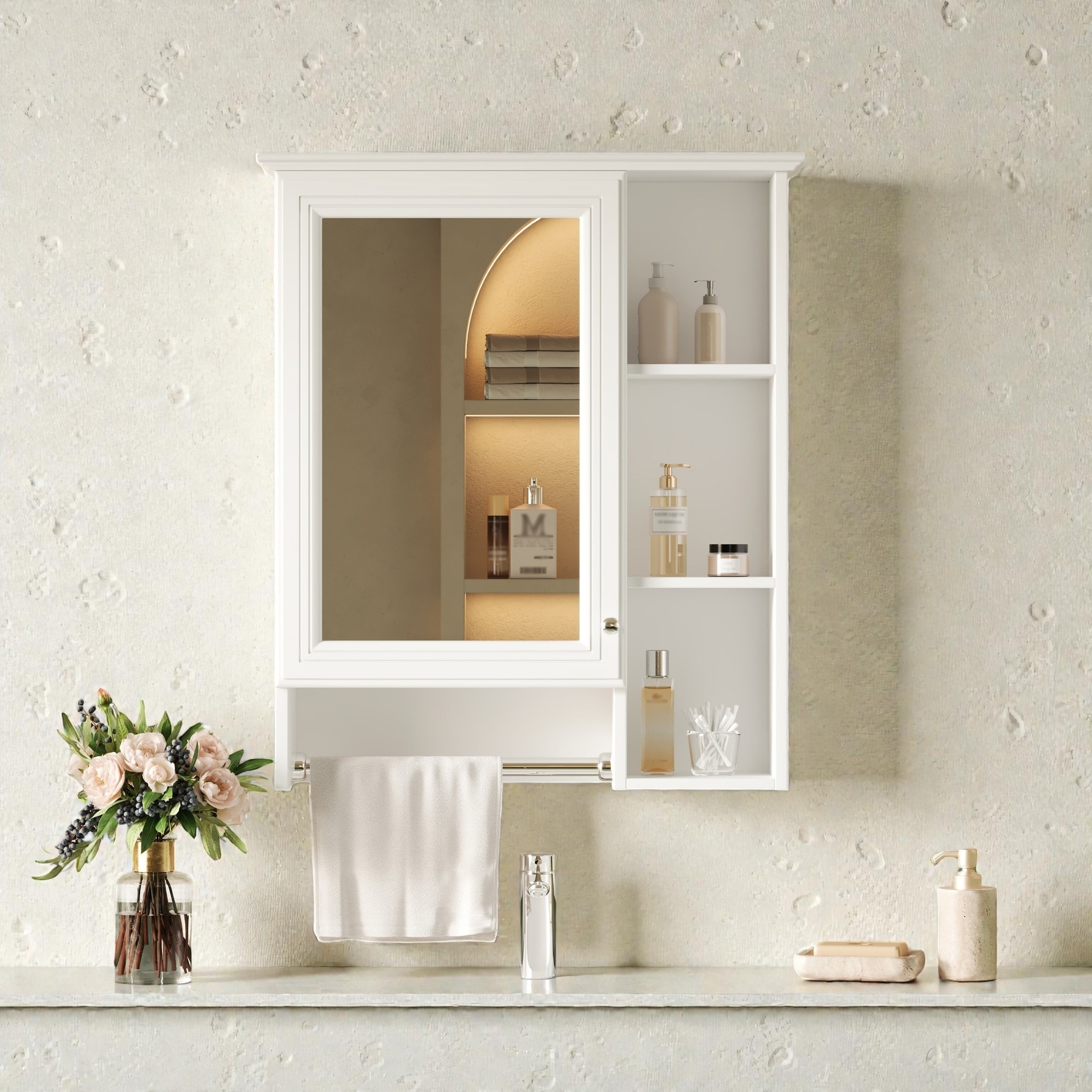 24 Inch Wall Mounted Medicine Cabinet with Mirror, Adjustable Shelf and Towel Bar, Bathroom Storage