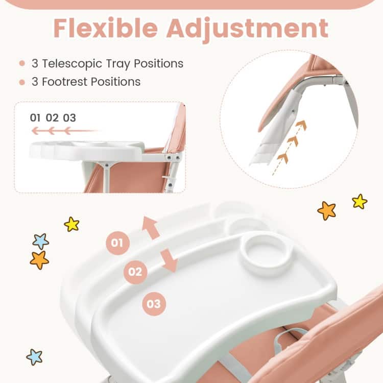 3-in-1 Foldable Baby High Chair with Tray and Footrest Adjustable Footrest Lightweight Waterproof PU Cushion