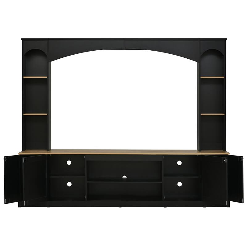 Farmhouse Arched Entertainment Center, 91" Wood Grain Media Console for 70" TVs with Bookshelf & Adjustable Shelves