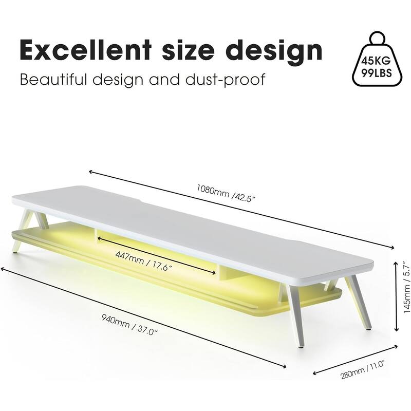 Fenge Dual Monitor Stand for Desk, 2 Tiers Monitor Riser with Acrylic Shelf & App Control LED Lights - 42.5 x 11 x 5.7 inches