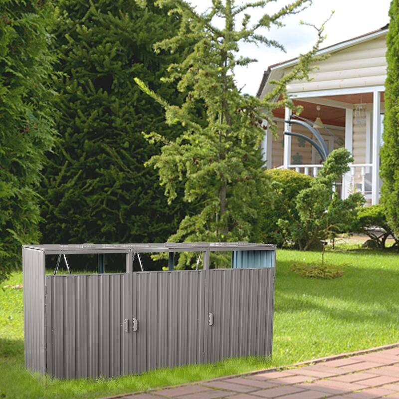 Garbage Bin Shed Stores 3 Trash Cans Metal Outdoor Bin Shed for Garbage Storage,Stainless Galvanized Steel, Bin Shed