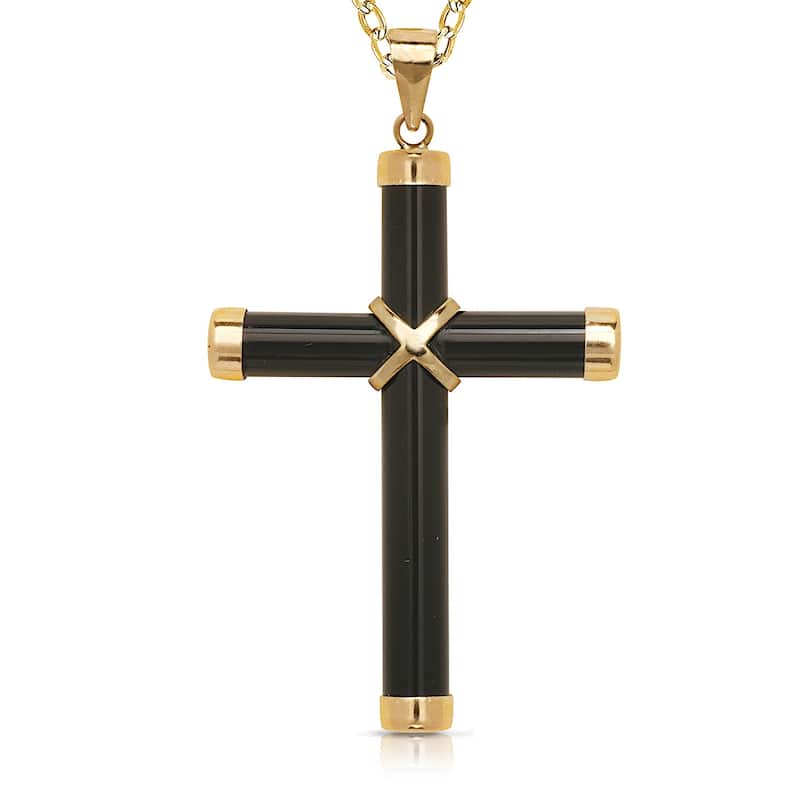 Curata 14k Yellow Gold 18" Green Jade, Onyx or Lapis Cross Pendant Necklace (20mm x 35mm)